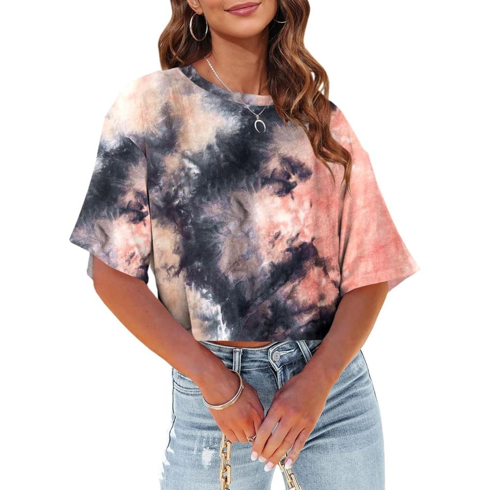 imageTankaneo Women Half Sleeve Cropped TShirts Drop Shoulder Round Neck Crop Tops Casual Summer Solid Color Basic Tees17pink
