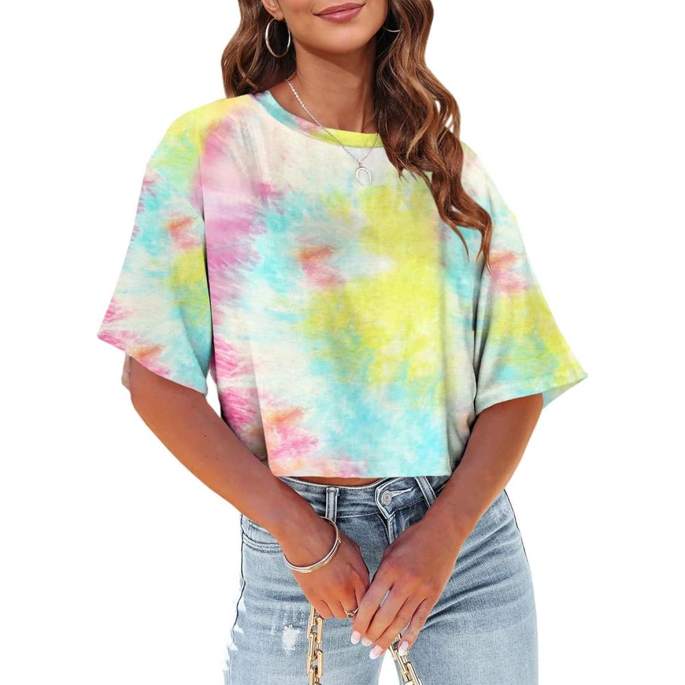 imageTankaneo Women Half Sleeve Cropped TShirts Drop Shoulder Round Neck Crop Tops Casual Summer Solid Color Basic Tees20sky Blue