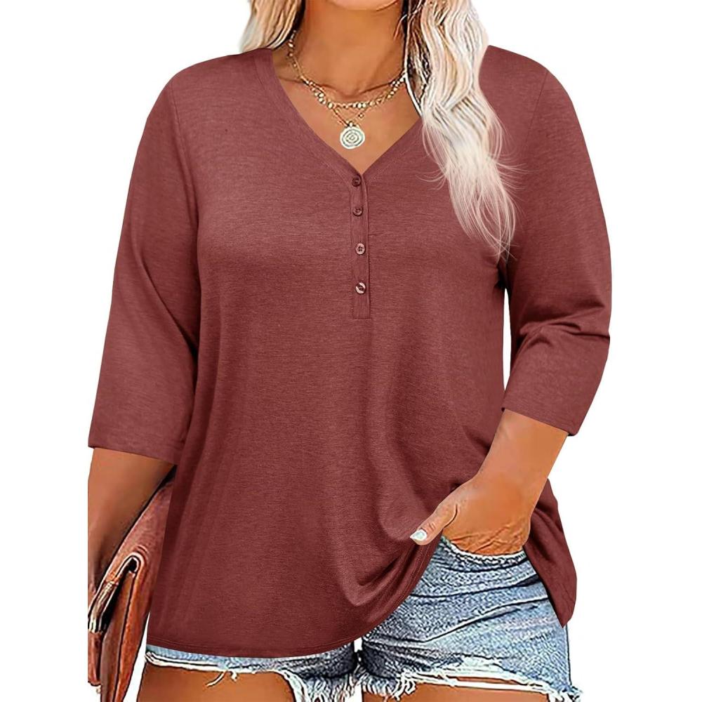 imageTankaneo Women Plus Size Tops V Neck 34 Sleeve Casual T Shirts Loose Basic Tunic TeesBrick Red