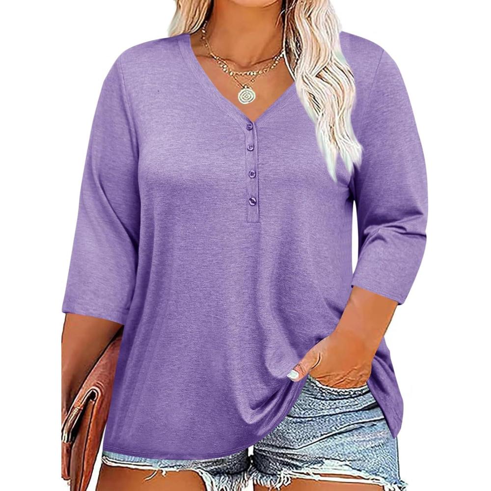 imageTankaneo Women Plus Size Tops V Neck 34 Sleeve Casual T Shirts Loose Basic Tunic TeesPurple