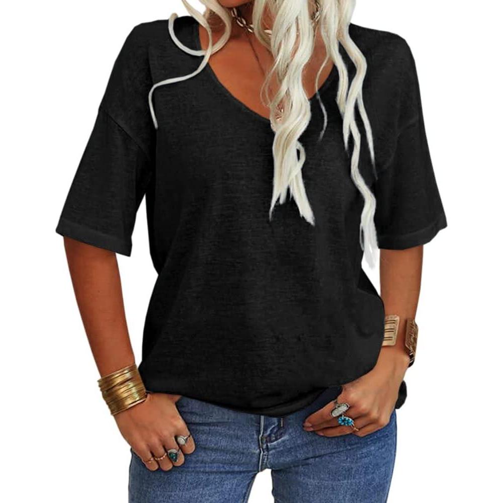 imageTankaneo Womens 34 Sleeve Shirts V Neck Loose Fitting Tops Casual Solid Color Tshirts Trendy Basic Tunic Summer Ladies TopsBlack