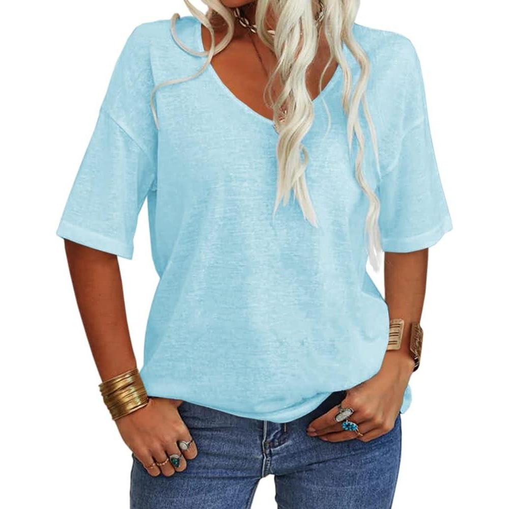 imageTankaneo Womens 34 Sleeve Shirts V Neck Loose Fitting Tops Casual Solid Color Tshirts Trendy Basic Tunic Summer Ladies TopsLight Blue