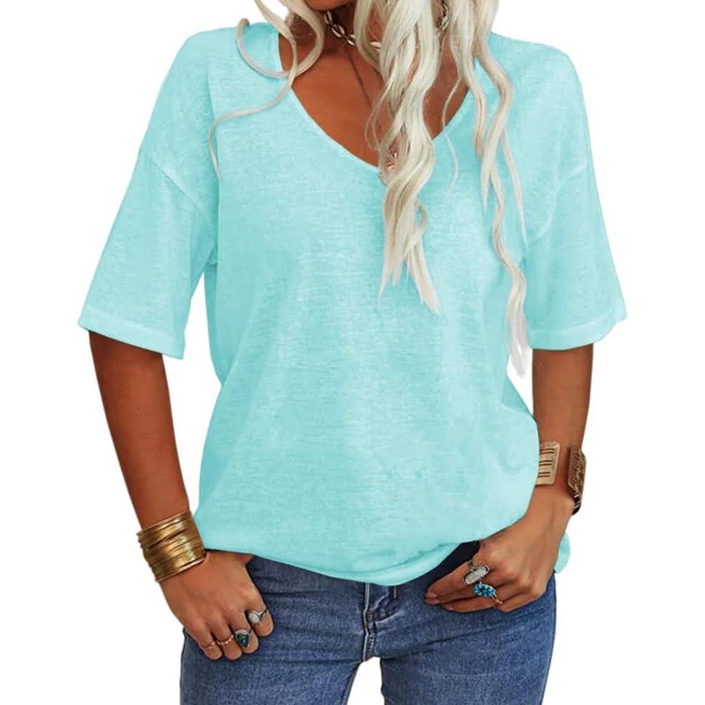 imageTankaneo Womens 34 Sleeve Shirts V Neck Loose Fitting Tops Casual Solid Color Tshirts Trendy Basic Tunic Summer Ladies TopsMint