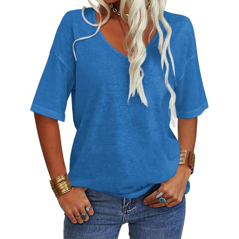 imageTankaneo Womens 34 Sleeve Shirts V Neck Loose Fitting Tops Casual Solid Color Tshirts Trendy Basic Tunic Summer Ladies TopsRoyal Blue