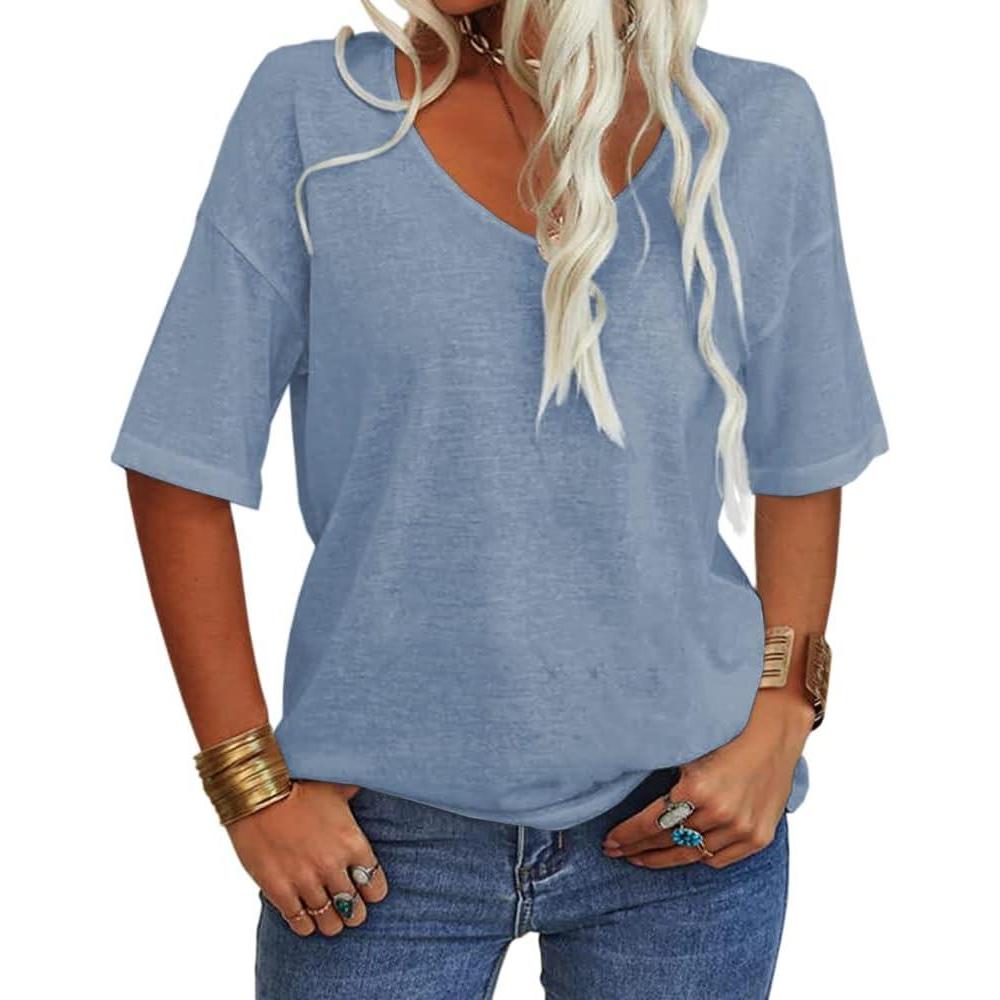 imageTankaneo Womens 34 Sleeve Shirts V Neck Loose Fitting Tops Casual Solid Color Tshirts Trendy Basic Tunic Summer Ladies TopsSky Blue