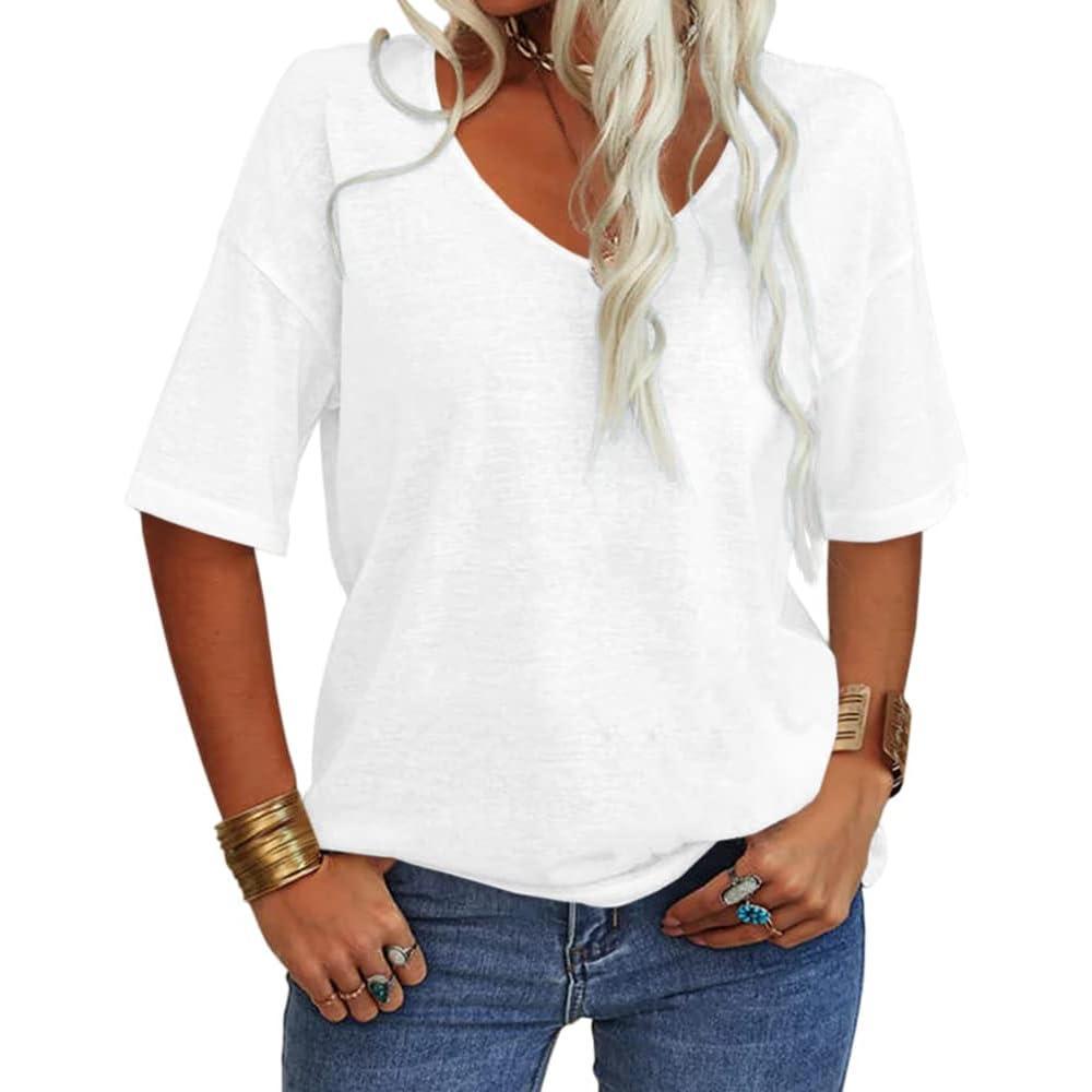 imageTankaneo Womens 34 Sleeve Shirts V Neck Loose Fitting Tops Casual Solid Color Tshirts Trendy Basic Tunic Summer Ladies TopsWhite