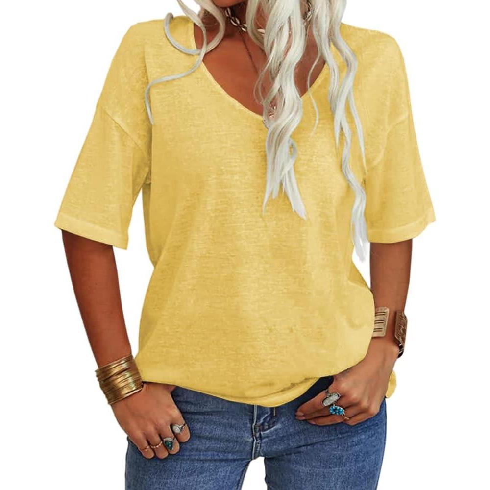 imageTankaneo Womens 34 Sleeve Shirts V Neck Loose Fitting Tops Casual Solid Color Tshirts Trendy Basic Tunic Summer Ladies TopsYellow