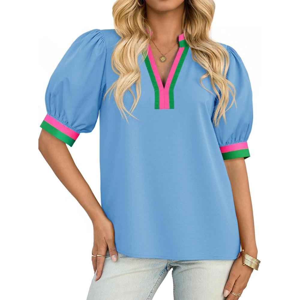 imageTankaneo Womens Color Block Puff Sleeve Tops Dressy Casual V Neck Cotton Blouses Summer Loose Fit Tees ShirtsBlue
