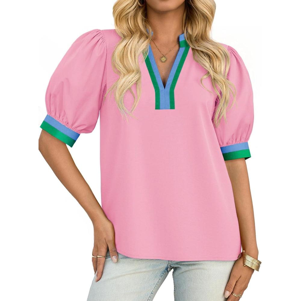 imageTankaneo Womens Color Block Puff Sleeve Tops Dressy Casual V Neck Cotton Blouses Summer Loose Fit Tees ShirtsPink