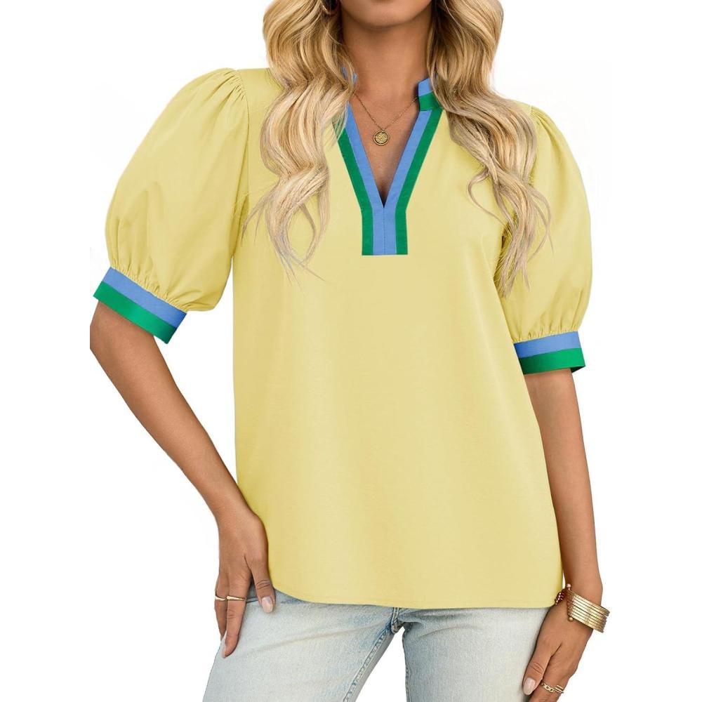imageTankaneo Womens Color Block Puff Sleeve Tops Dressy Casual V Neck Cotton Blouses Summer Loose Fit Tees ShirtsYellow