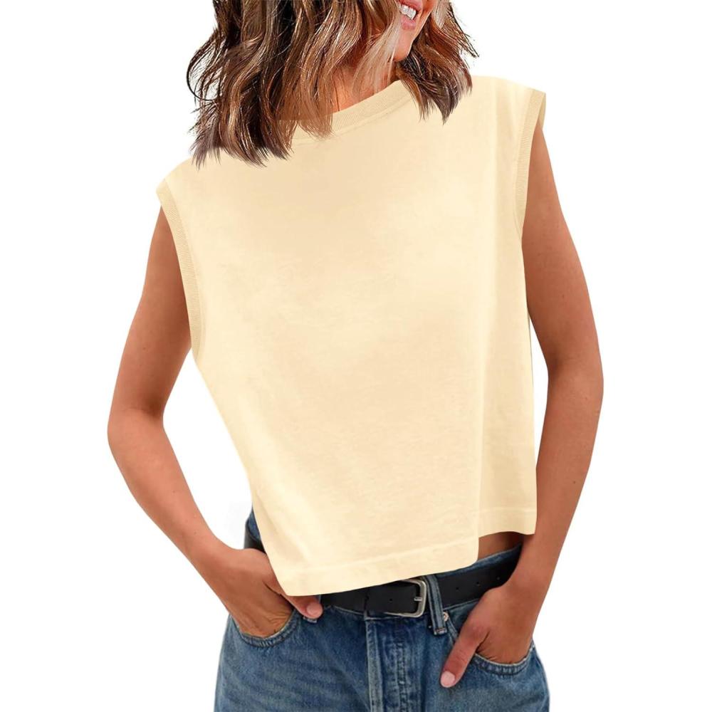 imageTankaneo Womens Cropped Cap Sleeve Tank Tops Summer Casual Loose Fit Basic Tee ShirtsBeige