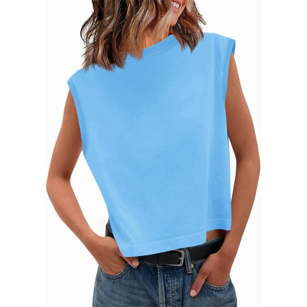 imageTankaneo Womens Cropped Cap Sleeve Tank Tops Summer Casual Loose Fit Basic Tee ShirtsBlue