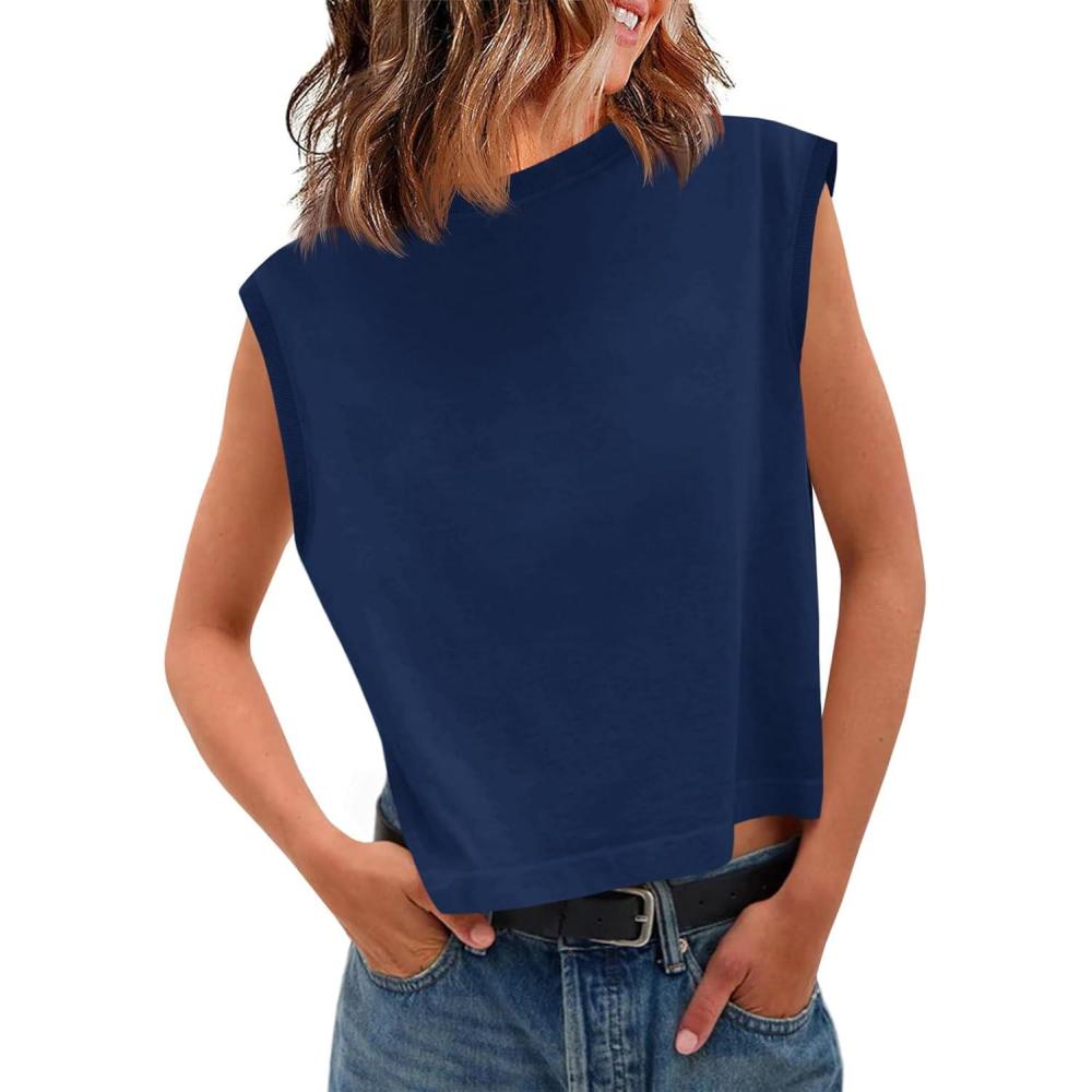 imageTankaneo Womens Cropped Cap Sleeve Tank Tops Summer Casual Loose Fit Basic Tee ShirtsNavy
