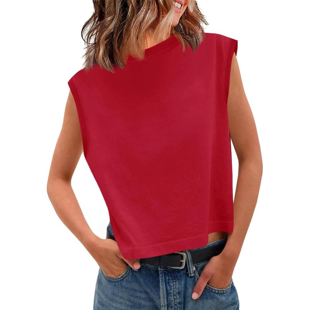 imageTankaneo Womens Cropped Cap Sleeve Tank Tops Summer Casual Loose Fit Basic Tee ShirtsRed
