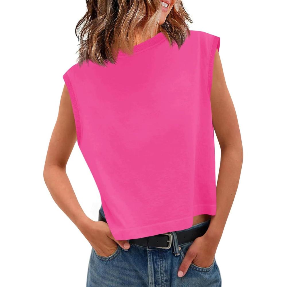 imageTankaneo Womens Cropped Cap Sleeve Tank Tops Summer Casual Loose Fit Basic Tee ShirtsRose Red