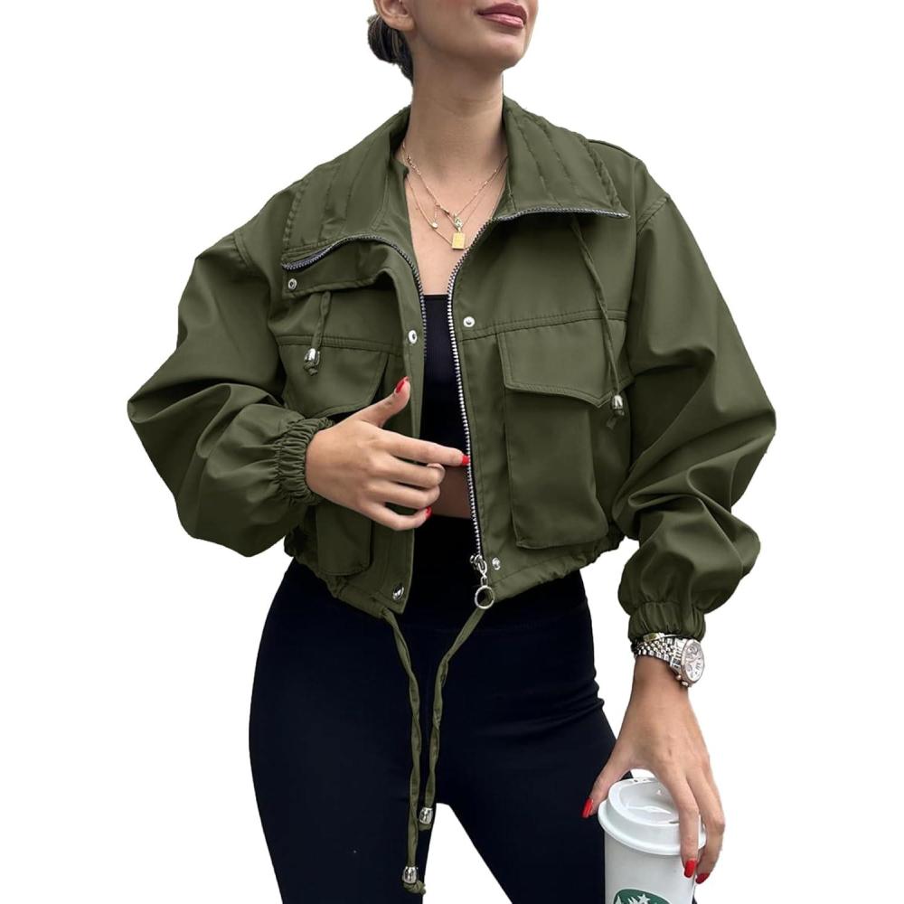 imageTankaneo Womens Cropped Jacket Zip Up Lightweight Oversized Utility Anorak Coat with PocketsArmy Green