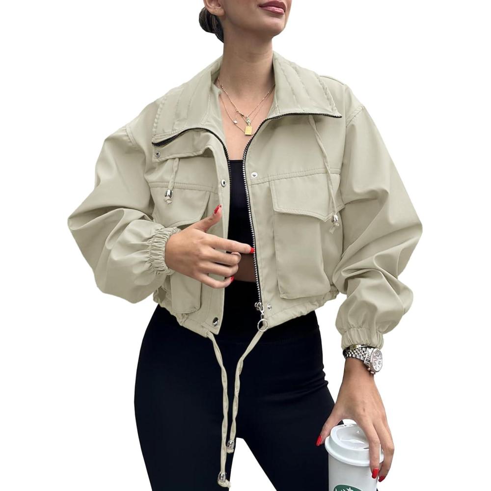 imageTankaneo Womens Cropped Jacket Zip Up Lightweight Oversized Utility Anorak Coat with PocketsBeige