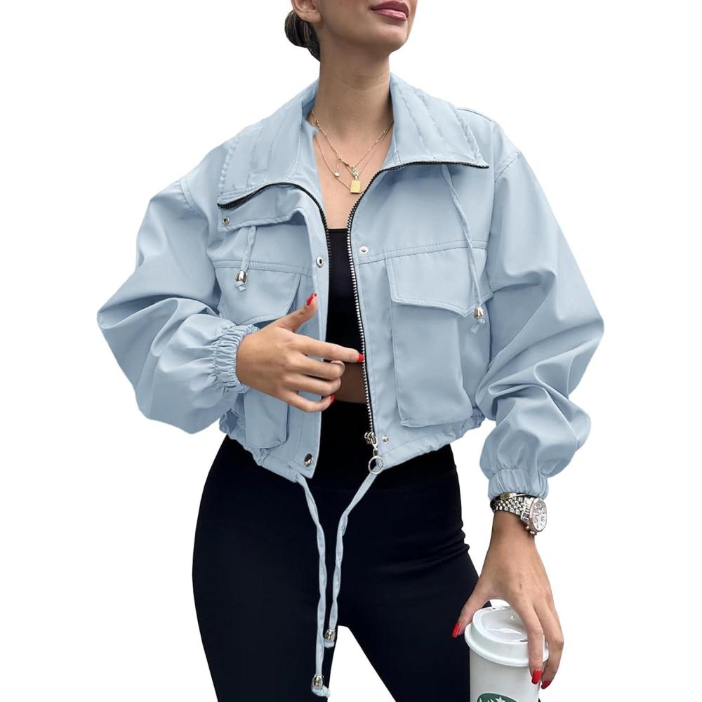 imageTankaneo Womens Cropped Jacket Zip Up Lightweight Oversized Utility Anorak Coat with PocketsBlue