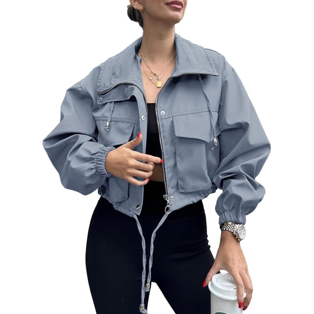 imageTankaneo Womens Cropped Jacket Zip Up Lightweight Oversized Utility Anorak Coat with PocketsBlue Grey