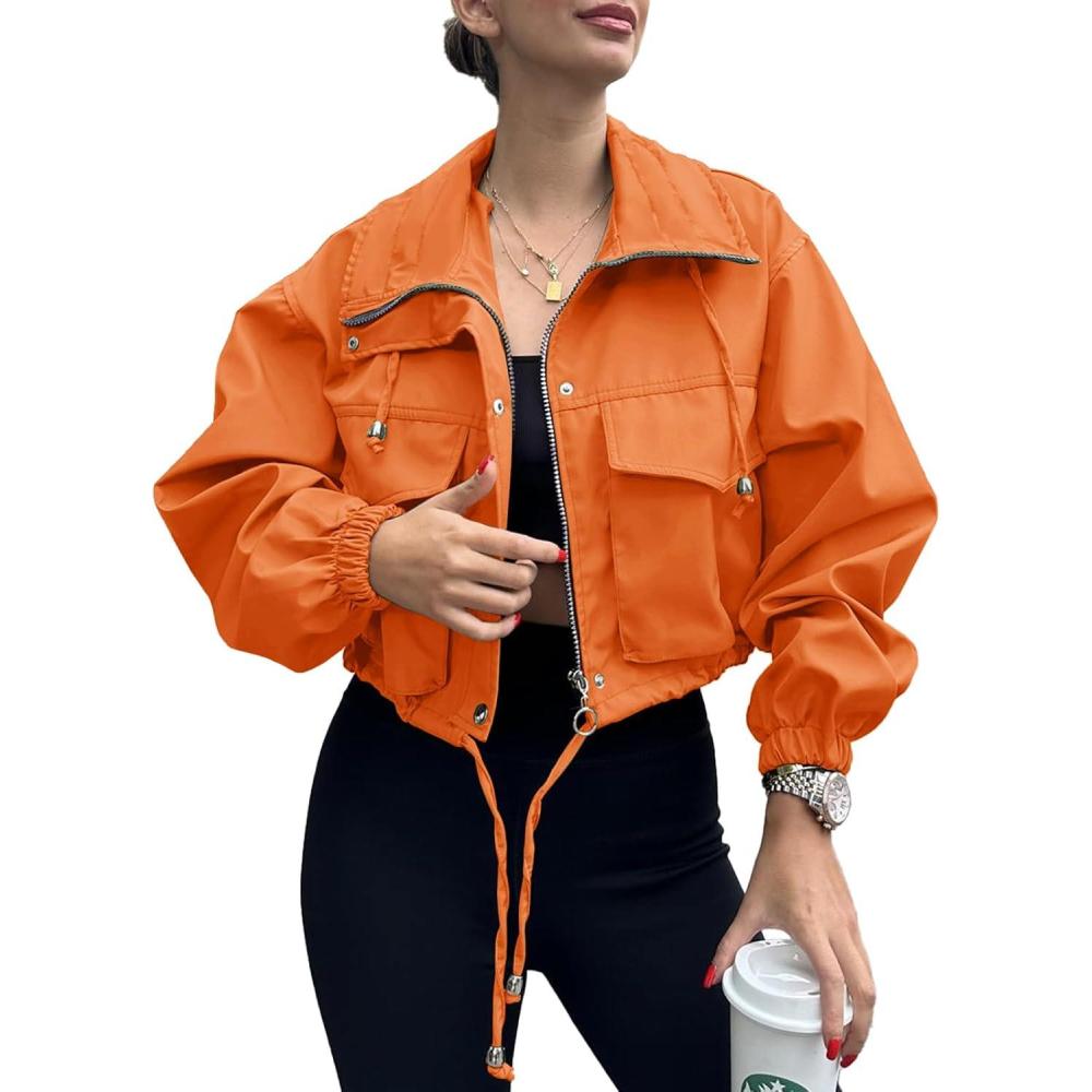 imageTankaneo Womens Cropped Jacket Zip Up Lightweight Oversized Utility Anorak Coat with PocketsOrange