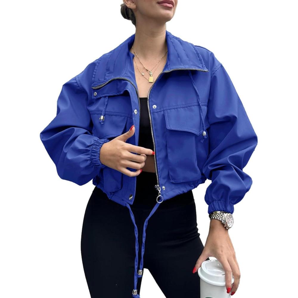 imageTankaneo Womens Cropped Jacket Zip Up Lightweight Oversized Utility Anorak Coat with PocketsRoyal Blue
