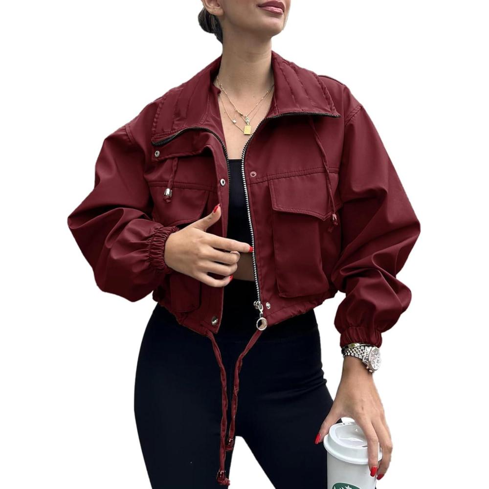 imageTankaneo Womens Cropped Jacket Zip Up Lightweight Oversized Utility Anorak Coat with PocketsWine Red