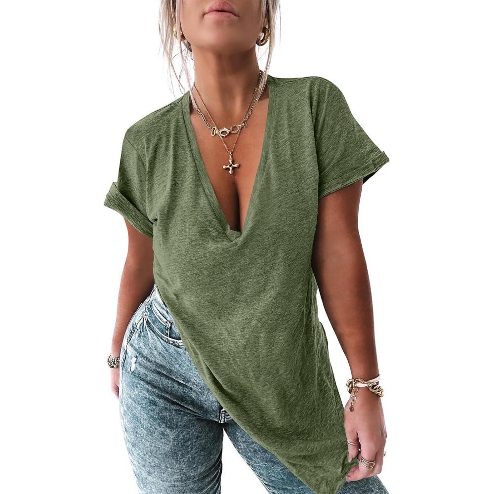 imageTankaneo Womens Deep V Neck Short Sleeve T Shirts Side Slit Oversized Summer Loose Tunic TopArmy Green
