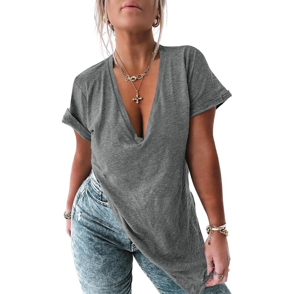 imageTankaneo Womens Deep V Neck Short Sleeve T Shirts Side Slit Oversized Summer Loose Tunic TopGrey