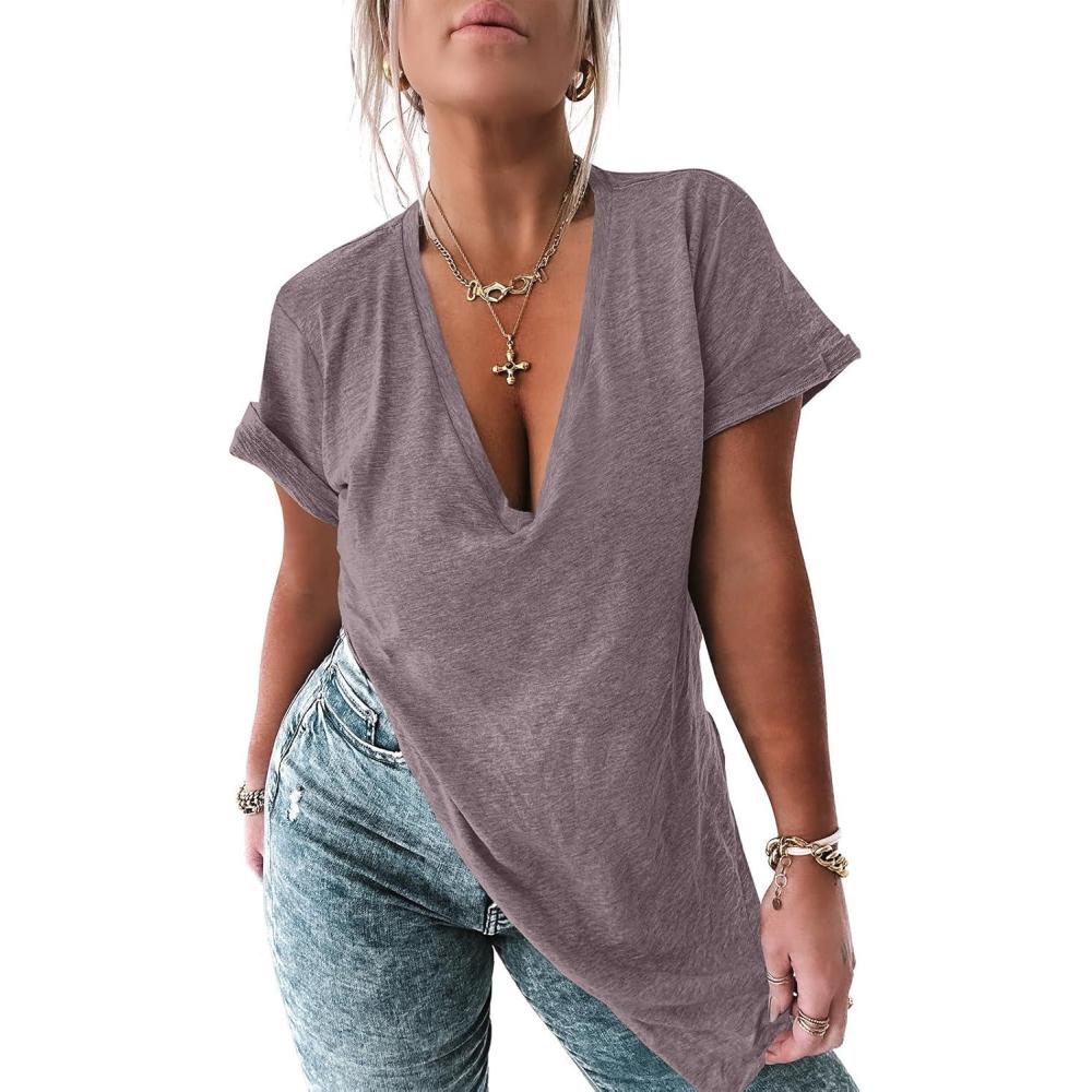 imageTankaneo Womens Deep V Neck Short Sleeve T Shirts Side Slit Oversized Summer Loose Tunic TopLight Brown