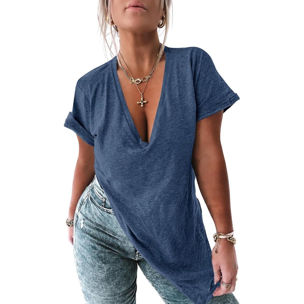imageTankaneo Womens Deep V Neck Short Sleeve T Shirts Side Slit Oversized Summer Loose Tunic TopNavy