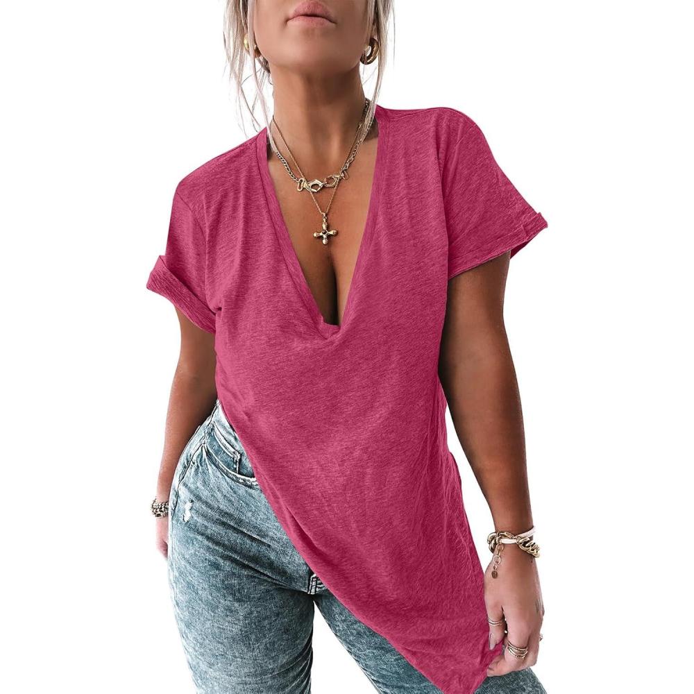 imageTankaneo Womens Deep V Neck Short Sleeve T Shirts Side Slit Oversized Summer Loose Tunic TopRose Red