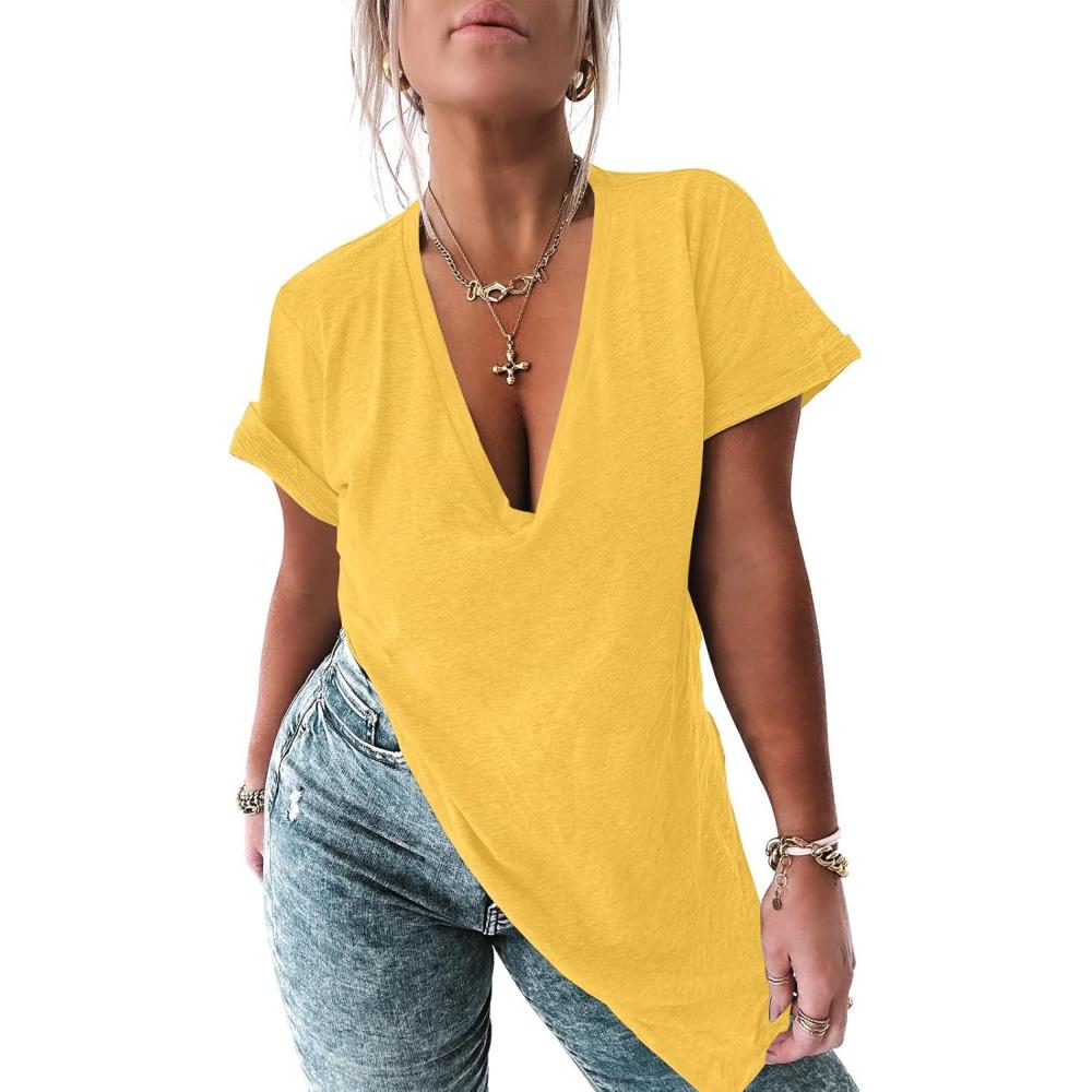 imageTankaneo Womens Deep V Neck Short Sleeve T Shirts Side Slit Oversized Summer Loose Tunic TopYellow