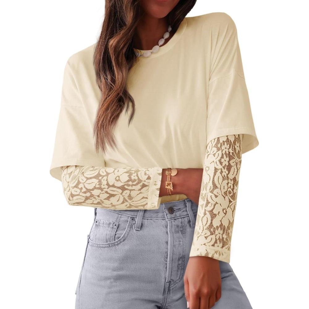 imageTankaneo Womens Lace Long Sleeve T Shirts Top Fall 2025 Casual Tops Crewneck Basic Tees Fall Clothes 2025Beige