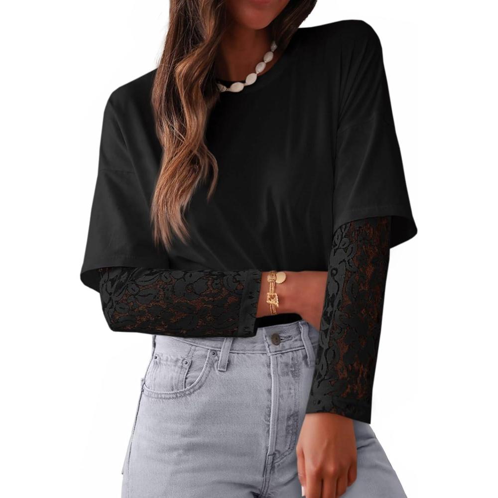 imageTankaneo Womens Lace Long Sleeve T Shirts Top Fall 2025 Casual Tops Crewneck Basic Tees Fall Clothes 2025Black