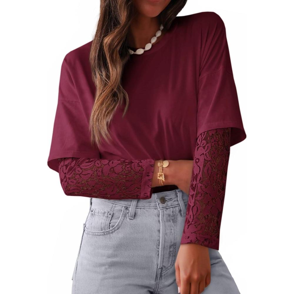 imageTankaneo Womens Lace Long Sleeve T Shirts Top Fall 2025 Casual Tops Crewneck Basic Tees Fall Clothes 2025Burgundy