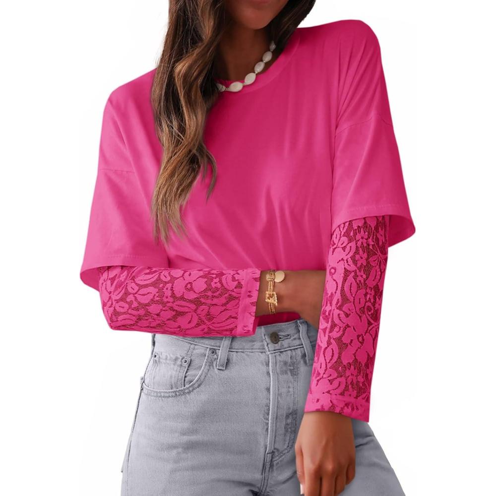 imageTankaneo Womens Lace Long Sleeve T Shirts Top Fall 2025 Casual Tops Crewneck Basic Tees Fall Clothes 2025Rose Red