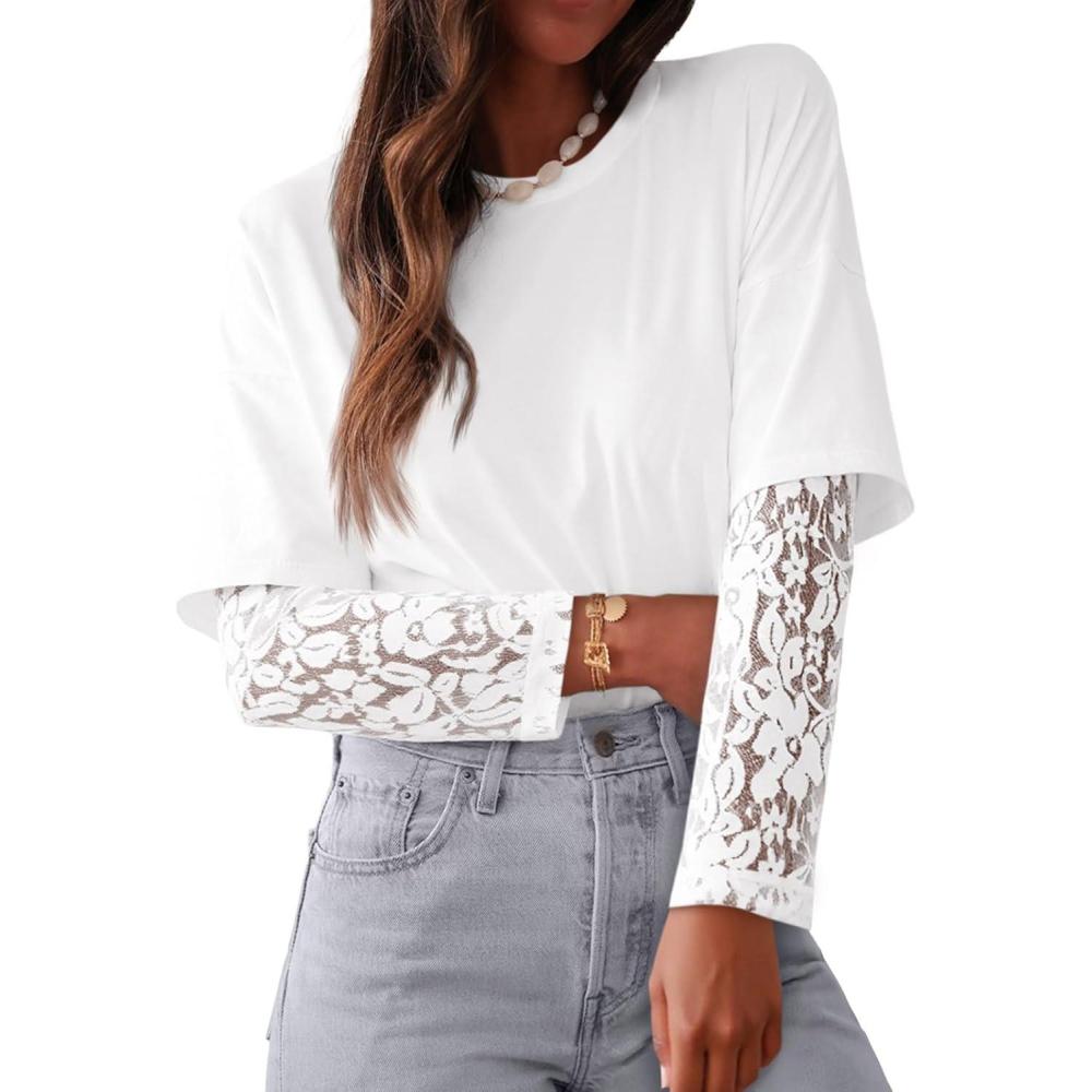 imageTankaneo Womens Lace Long Sleeve T Shirts Top Fall 2025 Casual Tops Crewneck Basic Tees Fall Clothes 2025White