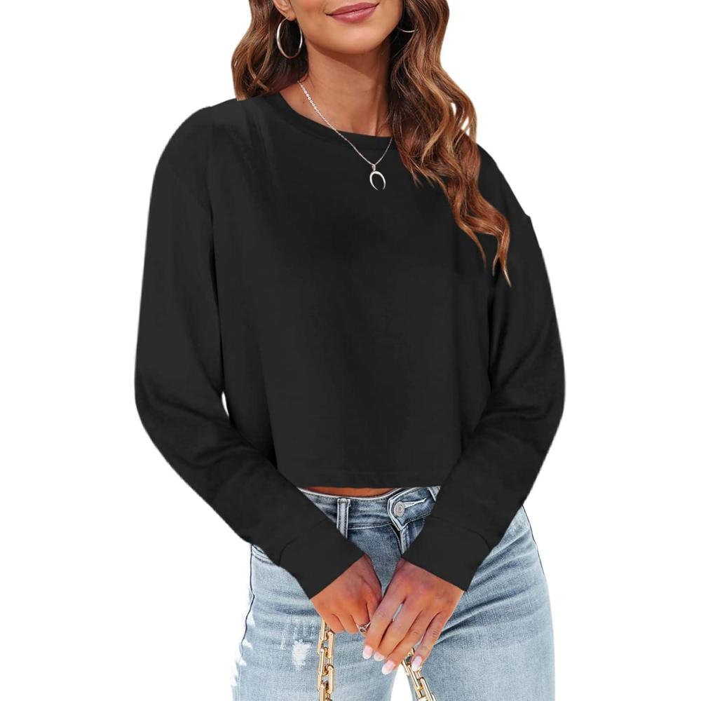 imageTankaneo Womens Long Sleeve Crop Tops Loose Fit Fall Cropped Tshirt 2025 Crew Neck Casual Shirts03black