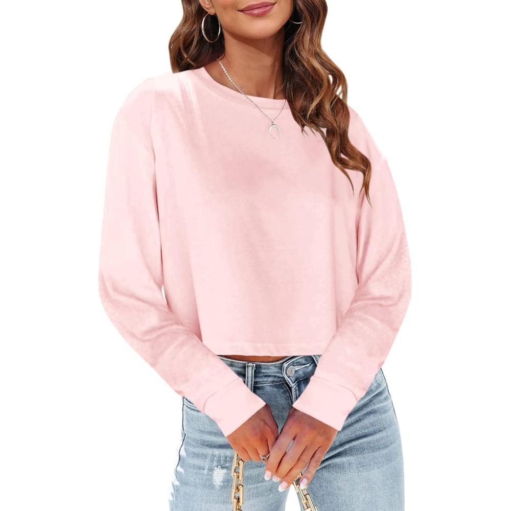 imageTankaneo Womens Long Sleeve Crop Tops Loose Fit Fall Cropped Tshirt 2025 Crew Neck Casual Shirts04pink
