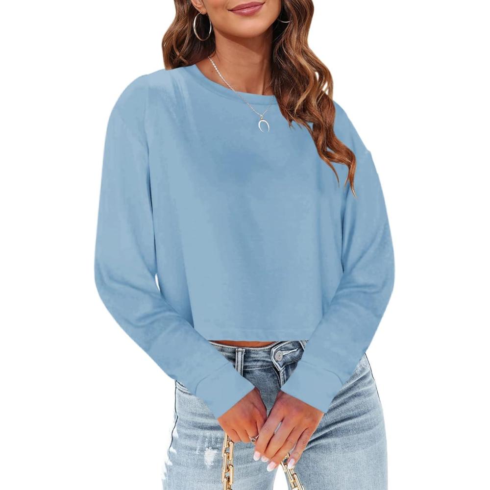 imageTankaneo Womens Long Sleeve Crop Tops Loose Fit Fall Cropped Tshirt 2025 Crew Neck Casual Shirts05sky Blue