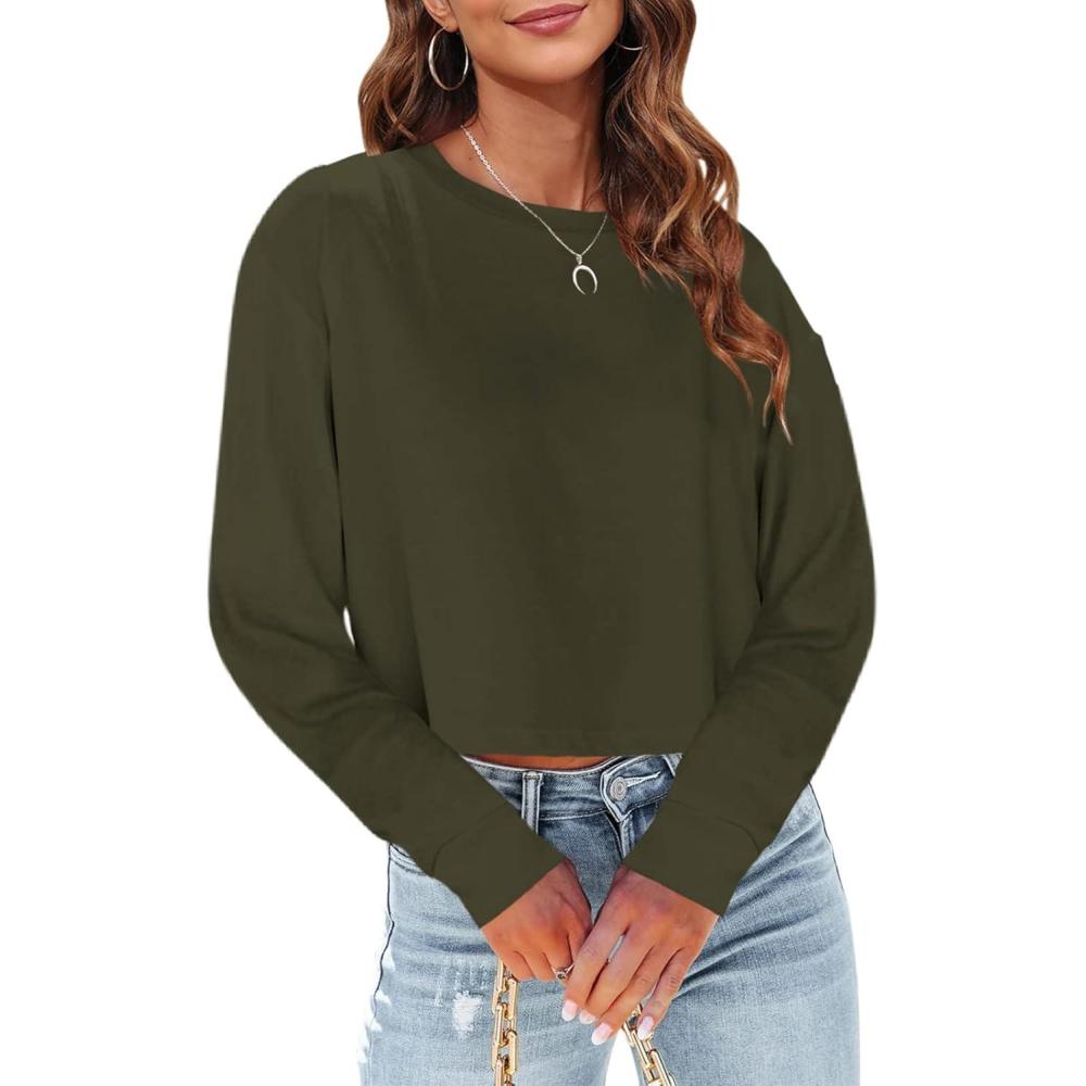 imageTankaneo Womens Long Sleeve Crop Tops Loose Fit Fall Cropped Tshirt 2025 Crew Neck Casual Shirts07army Green