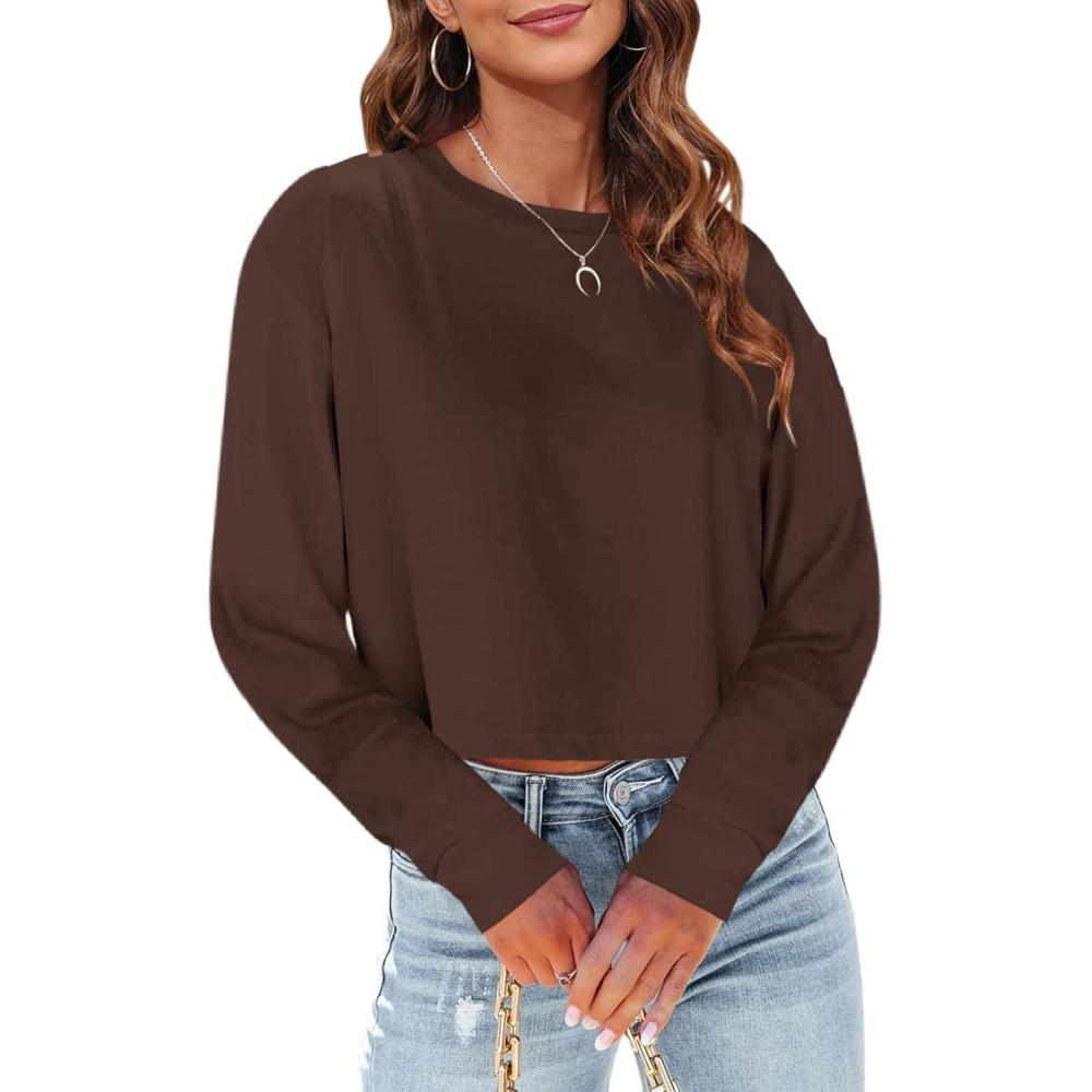 imageTankaneo Womens Long Sleeve Crop Tops Loose Fit Fall Cropped Tshirt 2025 Crew Neck Casual Shirts09brown