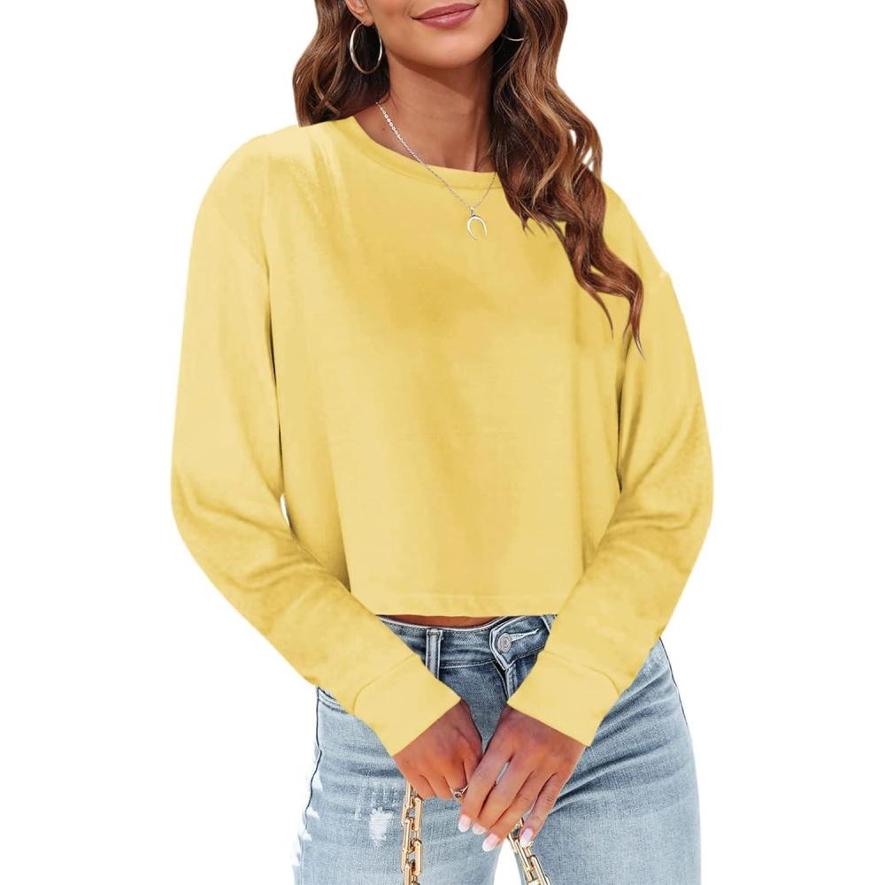 imageTankaneo Womens Long Sleeve Crop Tops Loose Fit Fall Cropped Tshirt 2025 Crew Neck Casual Shirts11yellow