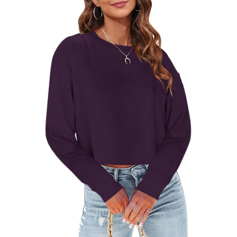 imageTankaneo Womens Long Sleeve Crop Tops Loose Fit Fall Cropped Tshirt 2025 Crew Neck Casual Shirts12purple