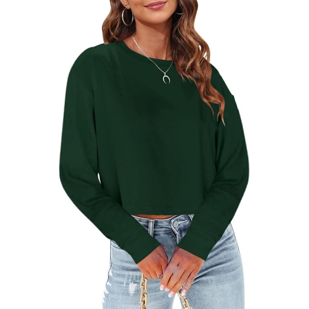 imageTankaneo Womens Long Sleeve Crop Tops Loose Fit Fall Cropped Tshirt 2025 Crew Neck Casual Shirts13dark Green