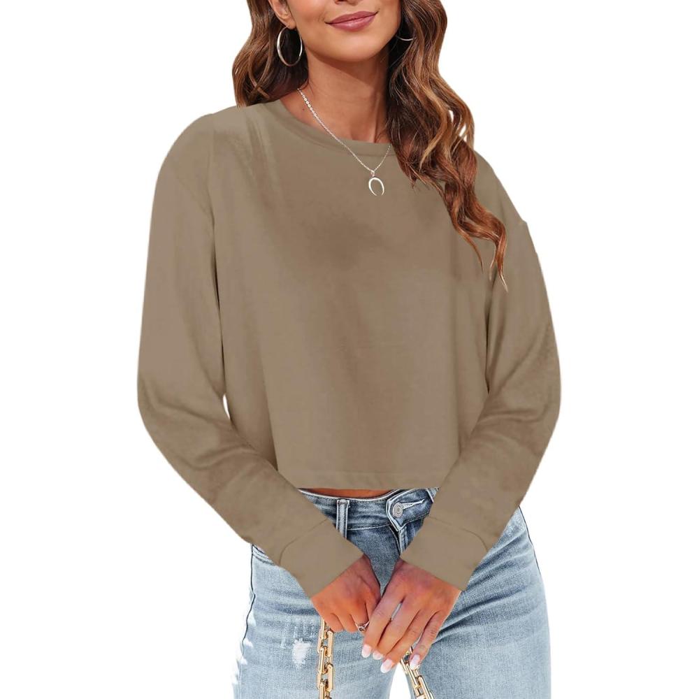 imageTankaneo Womens Long Sleeve Crop Tops Loose Fit Fall Cropped Tshirt 2025 Crew Neck Casual Shirts26dark Khaki