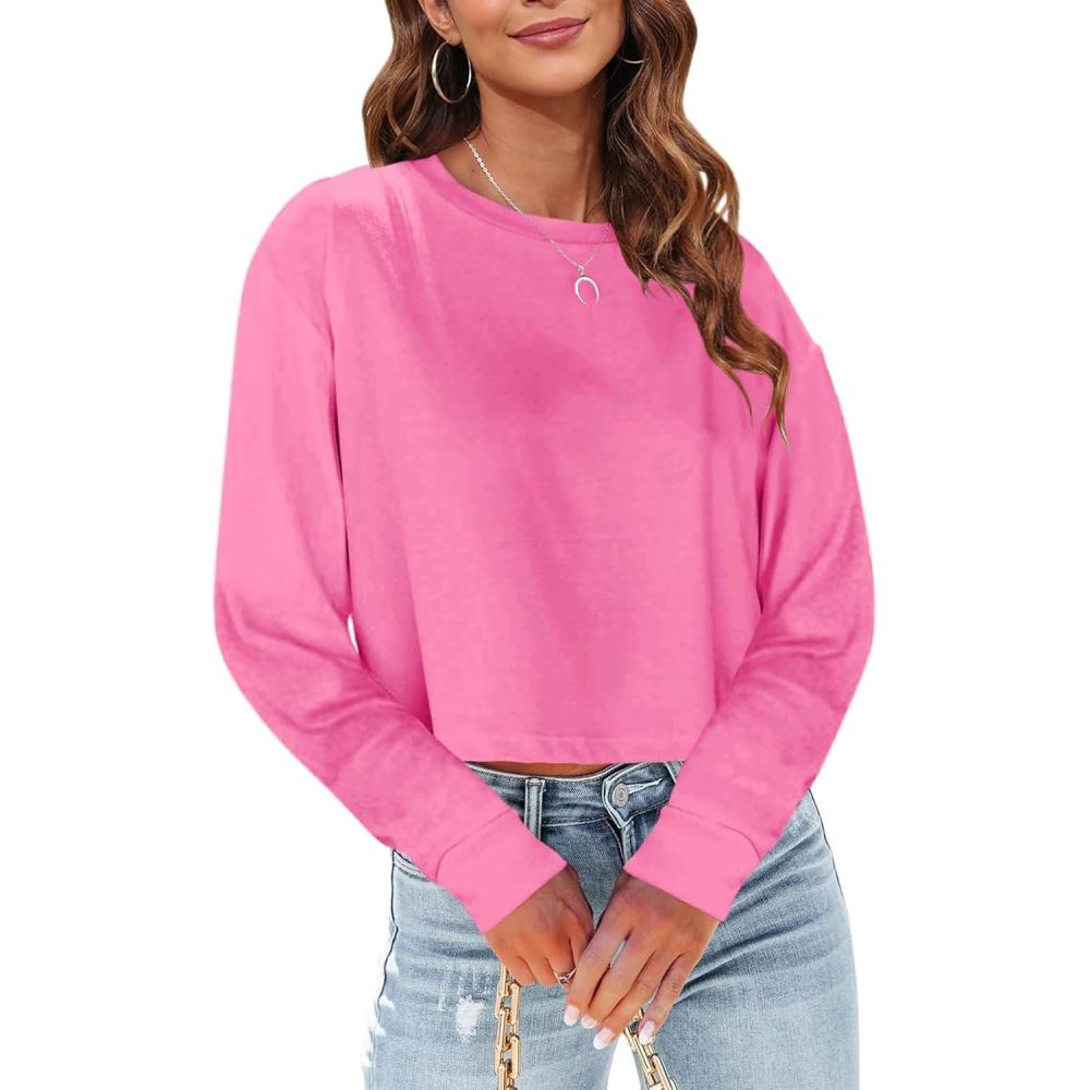 imageTankaneo Womens Long Sleeve Crop Tops Loose Fit Fall Cropped Tshirt 2025 Crew Neck Casual Shirts29hot Pink
