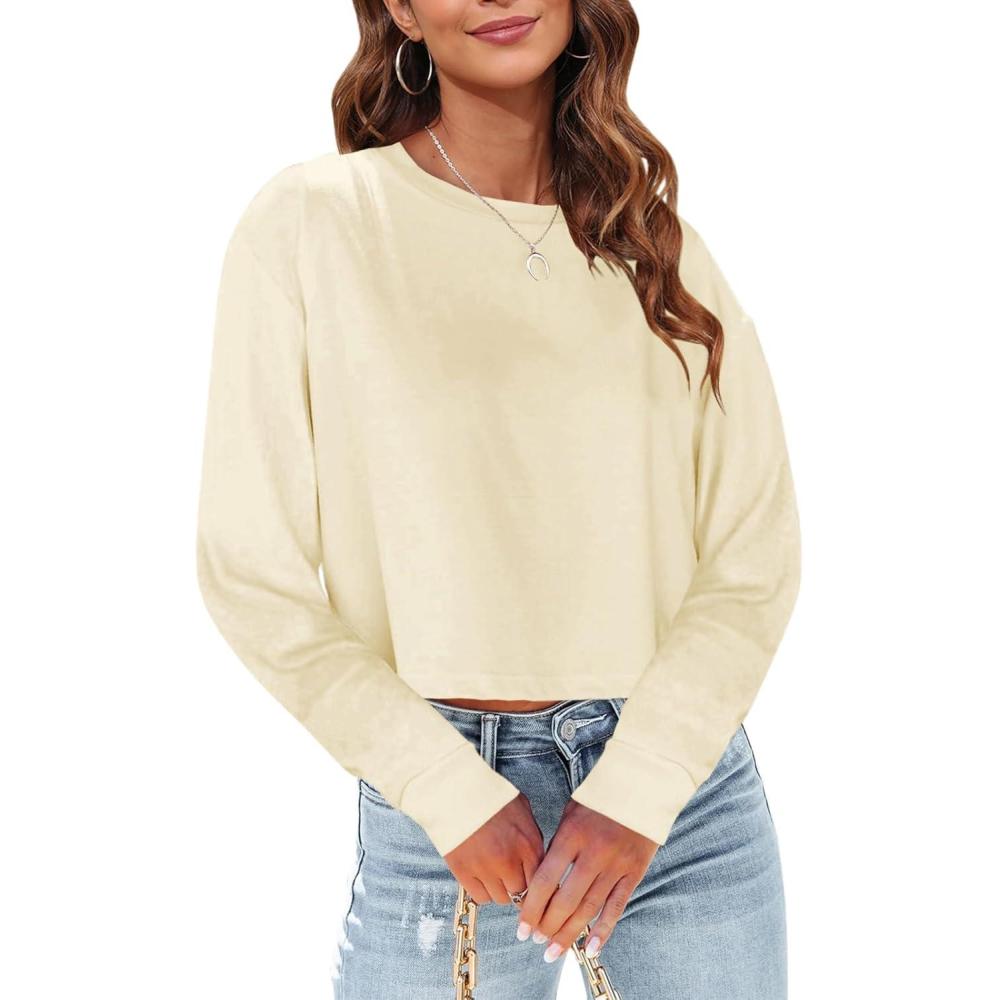 imageTankaneo Womens Long Sleeve Crop Tops Loose Fit Fall Cropped Tshirt 2025 Crew Neck Casual Shirts30beige