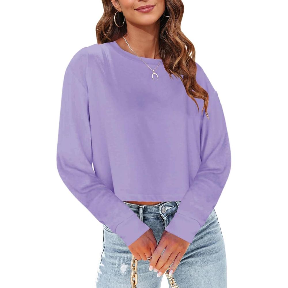 imageTankaneo Womens Long Sleeve Crop Tops Loose Fit Fall Cropped Tshirt 2025 Crew Neck Casual Shirts32light Purple