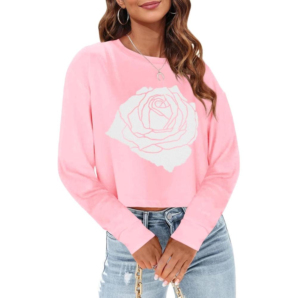 imageTankaneo Womens Long Sleeve Crop Tops Loose Fit Fall Cropped Tshirt 2025 Crew Neck Casual ShirtsFloralpink